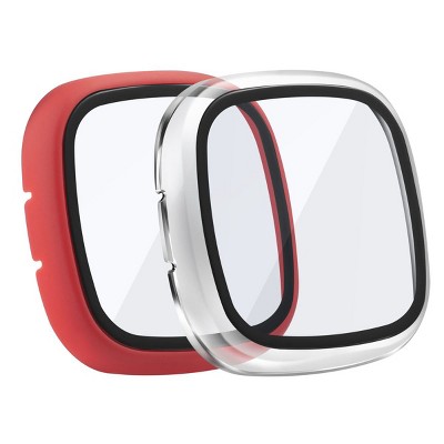 Insten 2-Pack Matte Case For Fitbit Versa 3 and Fitbit Sense, Built in Tempered Glass Screen Protector Hard Cover (Clear + Red)