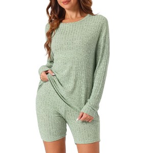 cheibear Women's Ribbed Knit Long Sleeved Top with Slim Biker Shorts Lounge Set - 1 of 4