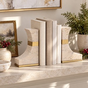 アクタス TRAVERTINE オブジェ ブックエンド セット Curved Travertine Bookends with Iron Accent for Bookshelf Decor
