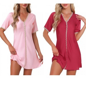 INSPIRE CHIC Women's 2 Pcs Floral Satin Sleep Dress A-Line Soft V-Neck Short-Sleeve Loungewear - 1 of 4