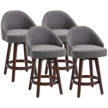 HOMCOM Bar Stools Set of 4, Linen Fabric Kitchen Counter Stools with Nailhead Trim, Rubber Wood Legs and Footrest for Dining Room, Pub, Dark Gray