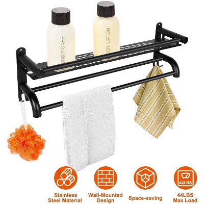 Munora 2-Tier Wall Mounted Towel Rack - Matte Black Stainless Steel Towel Holder with Nail-Free Stickers, 23.6 Inch Bathroom Storage Shelf