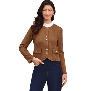 INSPIRE CHIC Women's Crew Neck Long Sleeves Button Down Vintage Jackets Brown Large - 1 of 4