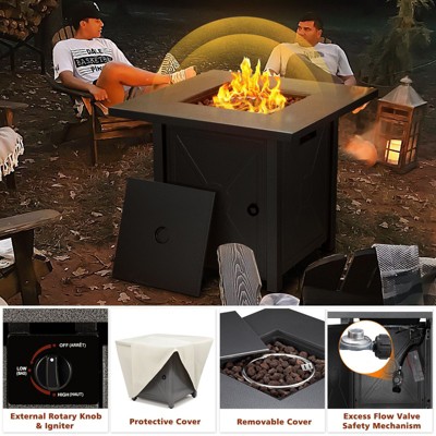 28'' Black Metallic Gas Fire Pit Table with Lid