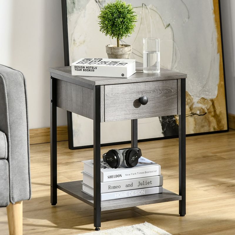 HOMCOM Industrial End Table with Storage Shelf, Accent Side Table with Drawer for Living Room, or Bedroom, 3 of 7