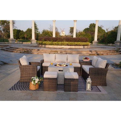 7pc Outdoor Wicker Sectional Sofa & Square Gas Fire Pit Table Beige