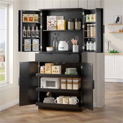 LunaLulinlk 72" Fluted Kitchen Pantry Cabinet with 3 Keyboard Drawers & 6 Door Shelves Adjustable, Freestanding Cupboard Storage Cabinet