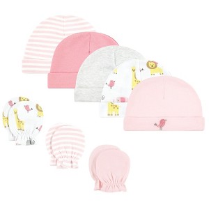 Hudson Baby Infant Girl Cotton Cap and Scratch Mitten Set, Girl Yellow Safari, 0-6 Months - 1 of 4