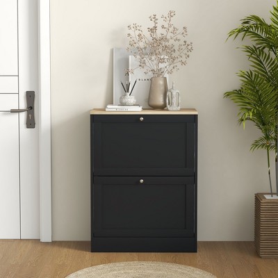 Vynxaria Modern Slim Shoe Cabinet for Entryway with 2 Flip Drawers - Black, 23.6" W x 9.4" D x 31.5" H