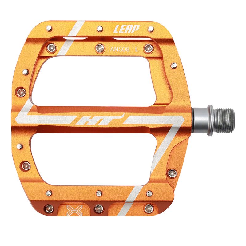 HT Leap ANS08 Platform Pedals 9/16" Axle Aluminum Body 18 Adjustable Pins Orange, 1 of 2