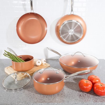 Hastings Home Nonstick, Dishwasher Safe, Oven Safe Cookware Set With Tempered Glass Lid - Copper, 8 Pieces