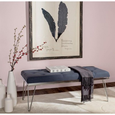 Navy Linen Upholstered Bench with Chrome Hairpin Legs