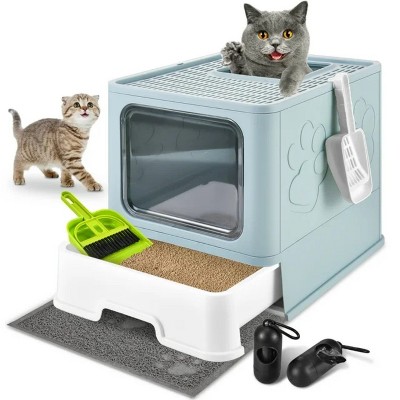LunaLulinlk blue Upgraded oversized cat litter box with scoop, upgraded adjustable door cat litter box with enlarged drawer
