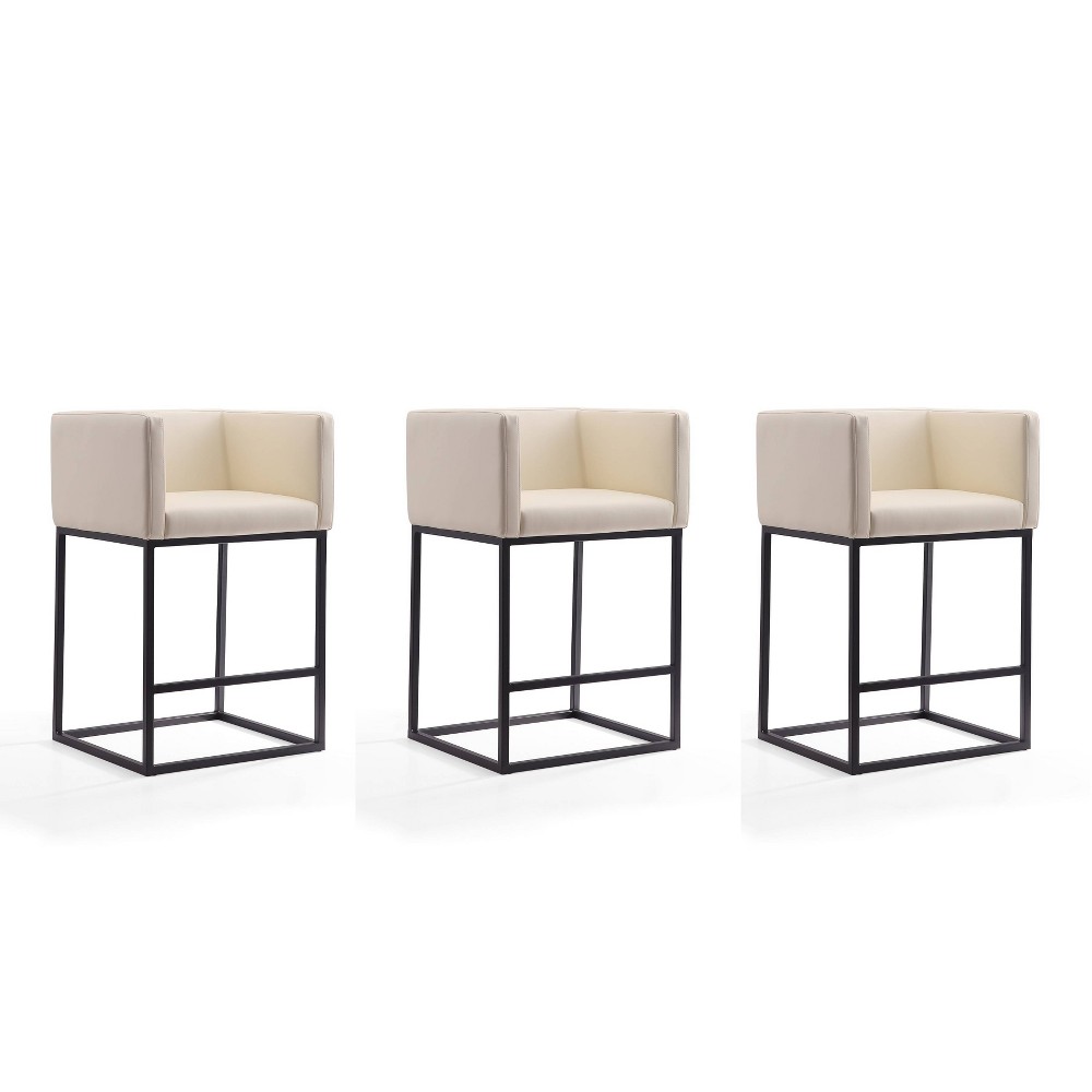 Photos - Chair Set of 3 Embassy Upholstered Metal Counter Height Barstools Cream - Manhattan Comfort: Faux Leather, No Assembly Required, F