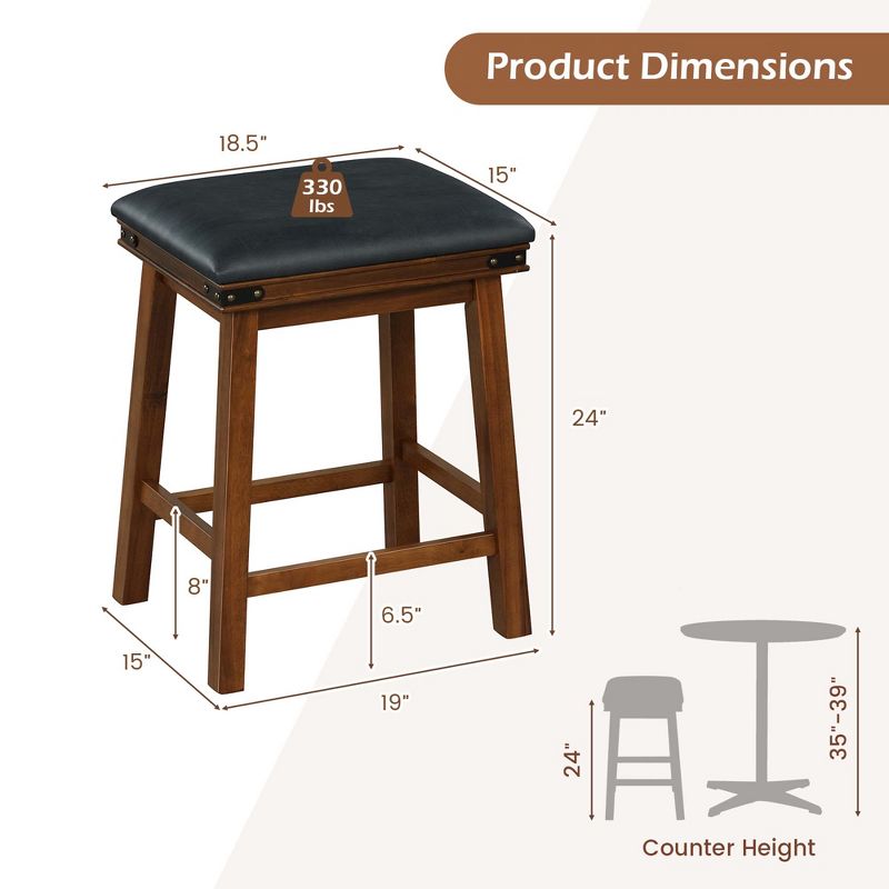 Costway 24'' Dining Bar Stool Set of 2 Counter Height Padded Seat Wood Frame Kitchen Brown/White, 3 of 8