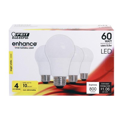 Feit Electric Enhance A19 E26 (Medium) LED Bulb Bright White 60 Watt Equivalence 4 pk