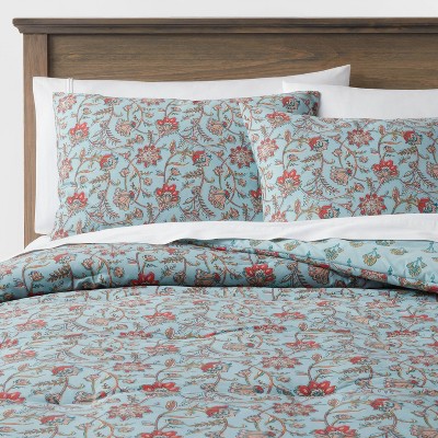 Floral Comforter Set Queen, Blue Floral Printed on Light Grey, Soft