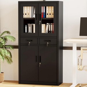 Cabinet, Bookbox, Sliding Door, Drawer, Keyed, Spare Key Included, Movable Shelf, Steel, Steel Library, Locker, Storage, Office, Commercial Use,Black - 1 of 4