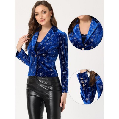 INSPIRE CHIC Women's Metallic Stars Printed Velvet 1 Button Business Office Crop Jacket Royal Blue-Star Small — фото 2