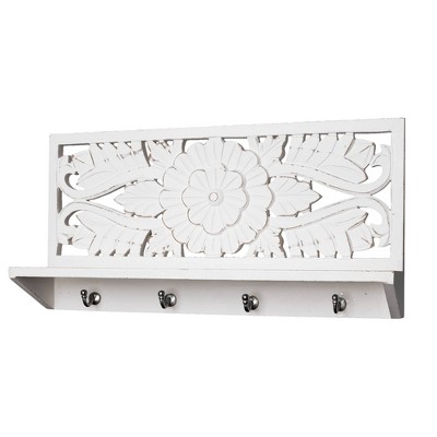 Carved Wooden Coat Rack Wall Shelf White - Crystal Art Gallery