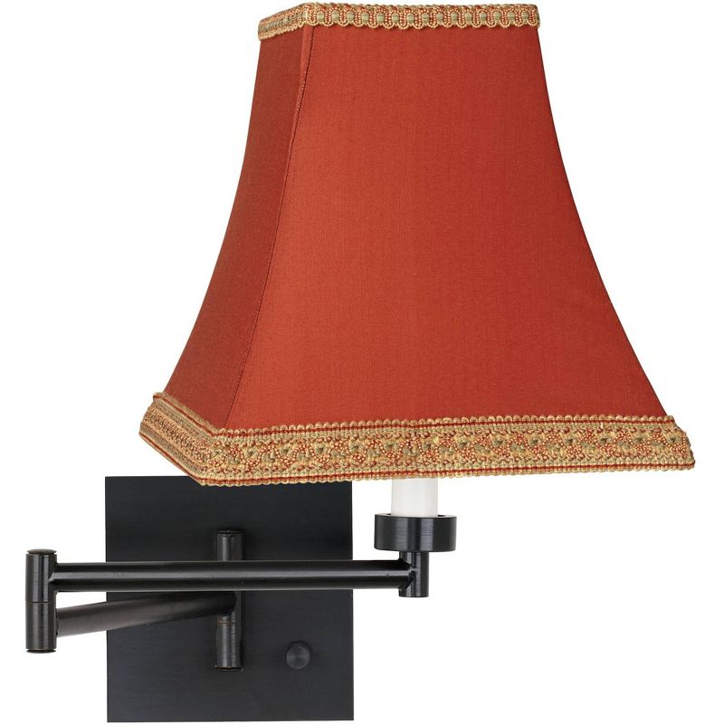 Barnes and Ivy Swing Arm Wall Lamp Espresso Plug-In Light Fixture Gold Trimmed Rust Fabric Square Shade for Bedroom Living Room, 1 of 5