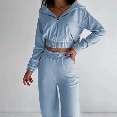 Mocamel Women's Solid color Zip-up Hooded Gown and Trousers Suit, Fall Casual Sporty