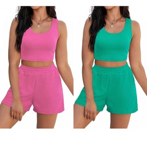 ATHLECHIC Women's Ribbed Knit Crop Tank Tops Short Sets with Pockets Travel Outfits 2 Pcs - 1 of 4
