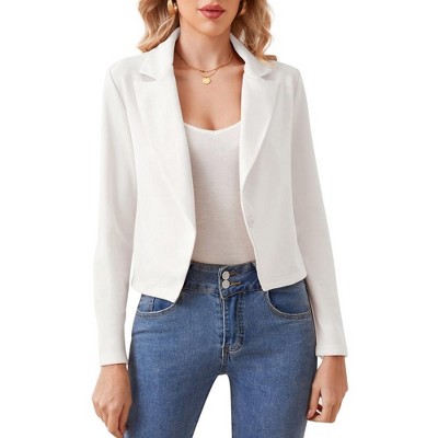 Women's One Button Blazer Jacket - Notched Lapel, Long Sleeve, Stretchy With Pockets, Casual Work Office Suit