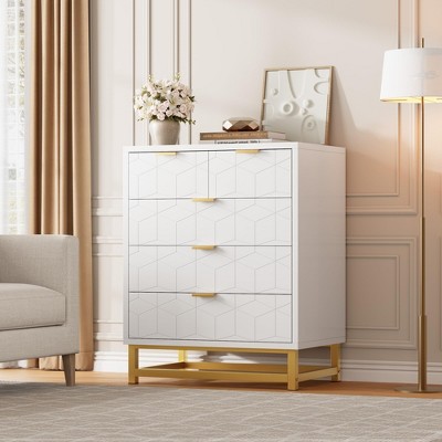 5-Drawer Dresser for Bedroom – Modern White Chest with Gold Metal Legs & Handles