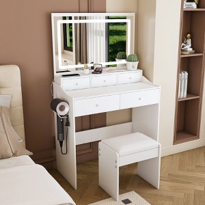 Hrinhom 31.5"W New Large Mirror Modern Makeup Vanity Set with Power Outlet and Hair dryer holder-White - 1 of 4