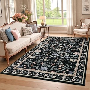 Washable Floral Rug, Non-Slip Low Pile Carpet, Soft Stain-Resistant Farmhouse Accent Rug for Living Room Bedroom Dining Room - 1 of 4