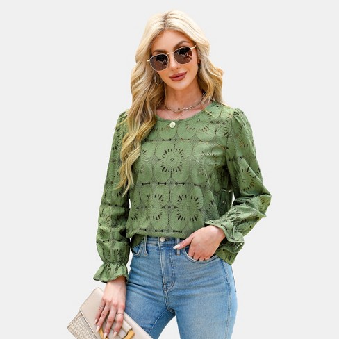 Women's Long Sleeve Embroidered Floral Eyelet Blouse Shirt- Cupshe-l ...