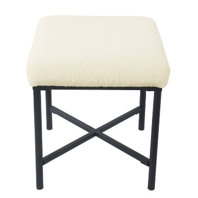 Cream Faux Sheepskin Square Ottoman with Black Metal Base