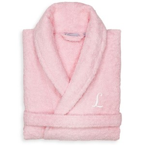 Linum Home Textiles 100% Turkish Cotton Unisex Personalized Terry Bathrobe Pink in White Script Font - 1 of 2