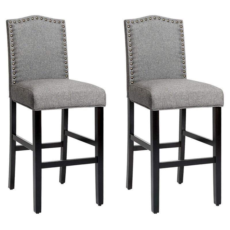 Costway Set of 2 Bar Stools 30'' Upholstered Kitchen Rubber Wood Full Back Chairs Gray, 1 of 11