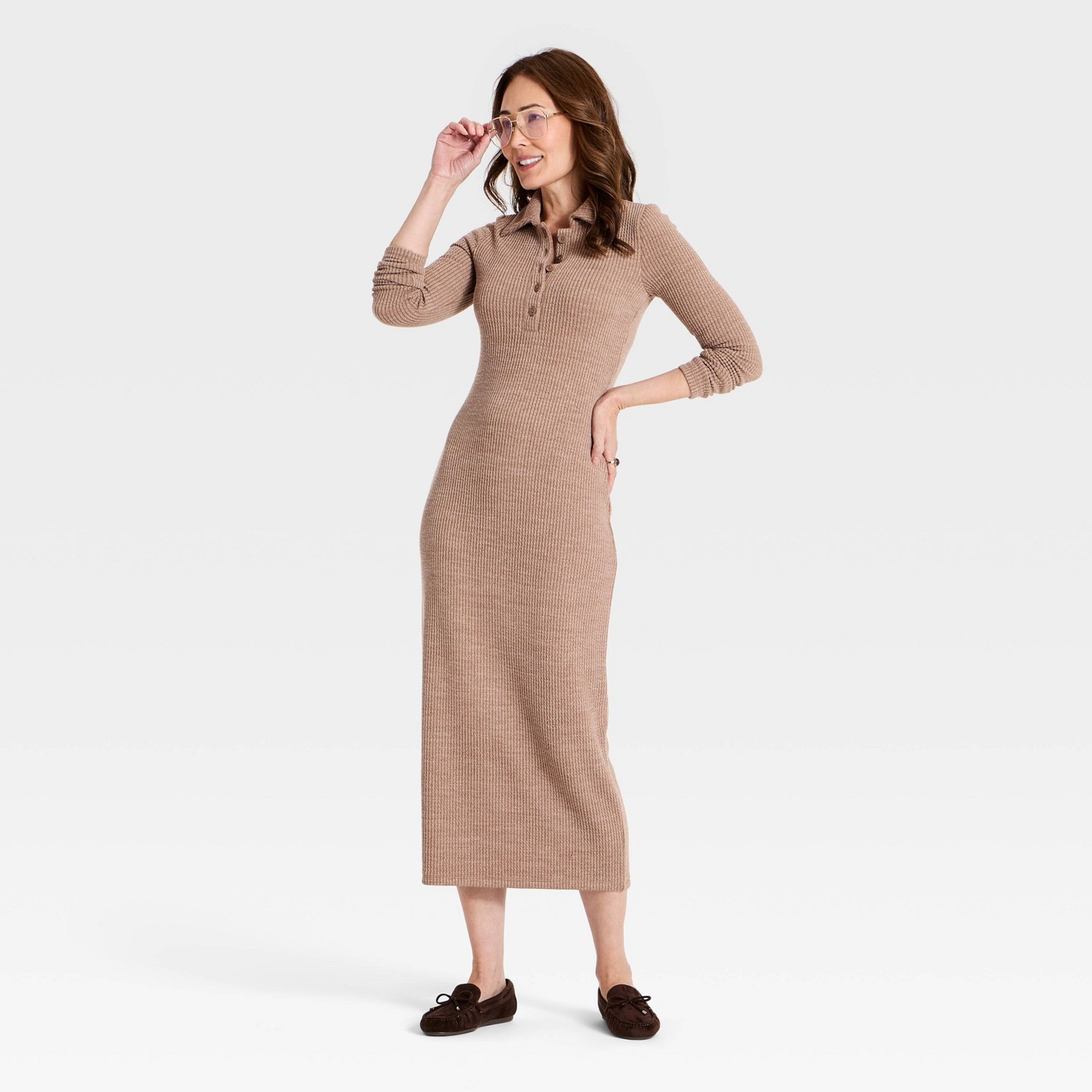 Женское платье Universal Thread Long Sleeve Midi Polo Dress, цвет: Коричневый — фото 3
