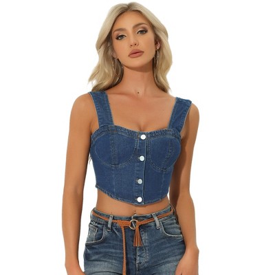 Allegra K Women's Button Down Sleeveless Bustier Jean Crop Tank Denim Top