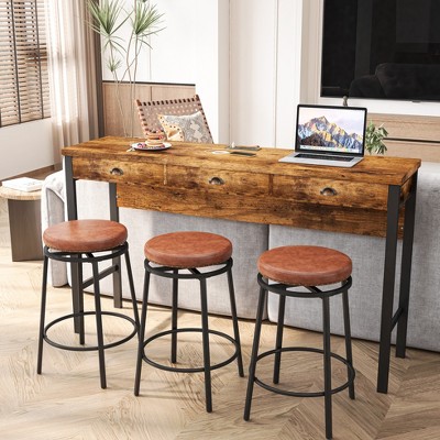 3-Drawer Long Dining Table Set with Power Outlets, Bar Kitchen Table Set with Circular PU Stools