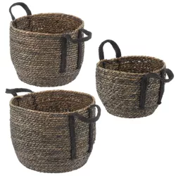 mDesign Round Seagrass Woven Storage Basket with Handles - Set of 3 - Black Wash
