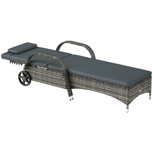 Outdoor Chaise Lounge, 5-Level Adjustable Backrest Rattan Pool Lounge Chair with Wheels, Cushion & Headrest - 1 of 4