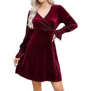 Clearlove Women Velvet Dress Long Ruffled Sleeve v Neck Dresses with Belt - 1 of 4