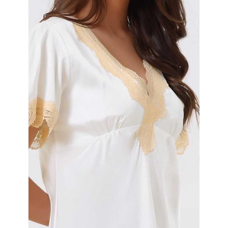cheibear Womens Satin Lace Trim V-Neck Lingerie Short Sleeves Silky Nightgowns, 4 of 6