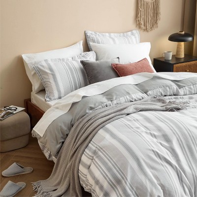 Bedsure 3 Pieces Reversible Striped Duvet Cover Set with Zipper Closure King Size Formal Grey Bedding Set with 8 Corner Ties — фото 5