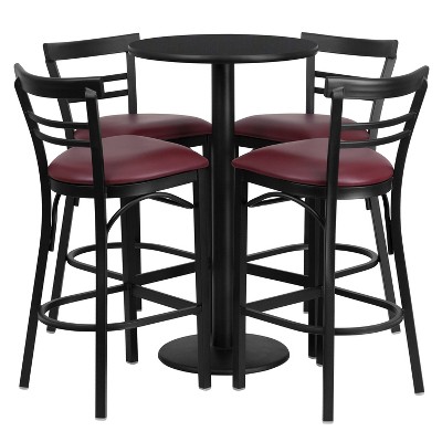 Flash Furniture 24'' Round Black Laminate Table Set with Round Base and 4 Two-Slat Ladder Back Metal Barstools - Burgundy Vinyl Seat