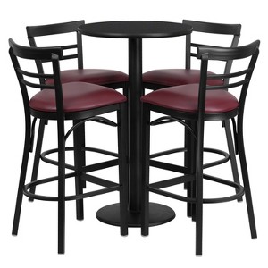 Emma and Oliver 24RD Black Table Set-RD Base-4 2Slat Back Stools,Burgundy Seat - 1 of 2