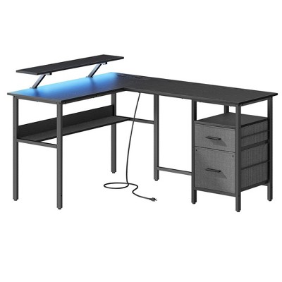 L-Shaped Desk with Power Outlets, Computer Desk with Monitor Stand, 2 Drawers, for Home Office