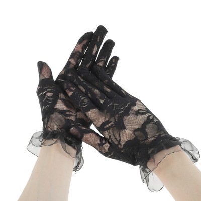 Unique Bargains Women's Lace Rose Sunblock Mittens Black 1 Pair