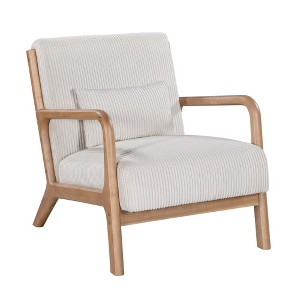 JUJABU Modern Accent Chair with Ribbed Corduroy Upholstery & Lumbar Pillow – Natural Wood Frame - 1 of 4