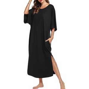 Ekouaer Women's Nightgown Short Sleeve Sleepshirt Long Loungewear Casual Maxi Lounge Dress House Dresses with Pockets - 1 of 4