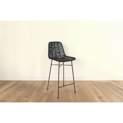Tropical Chic Black Rattan and Metal High-Back Bar Stool